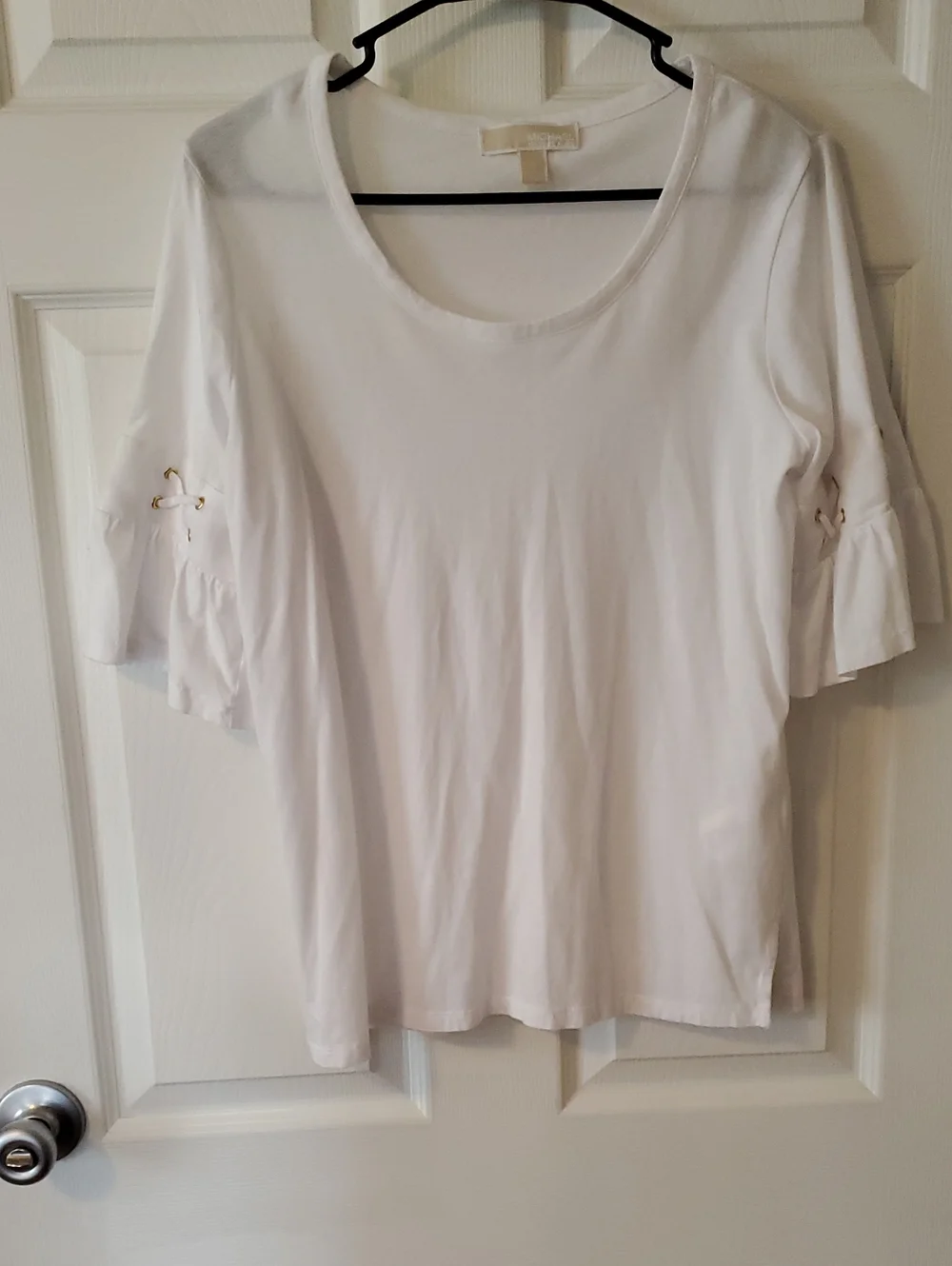 Michael Kors White Scoop Neck Short Sleeve Top with Grommet Sleeve Detail